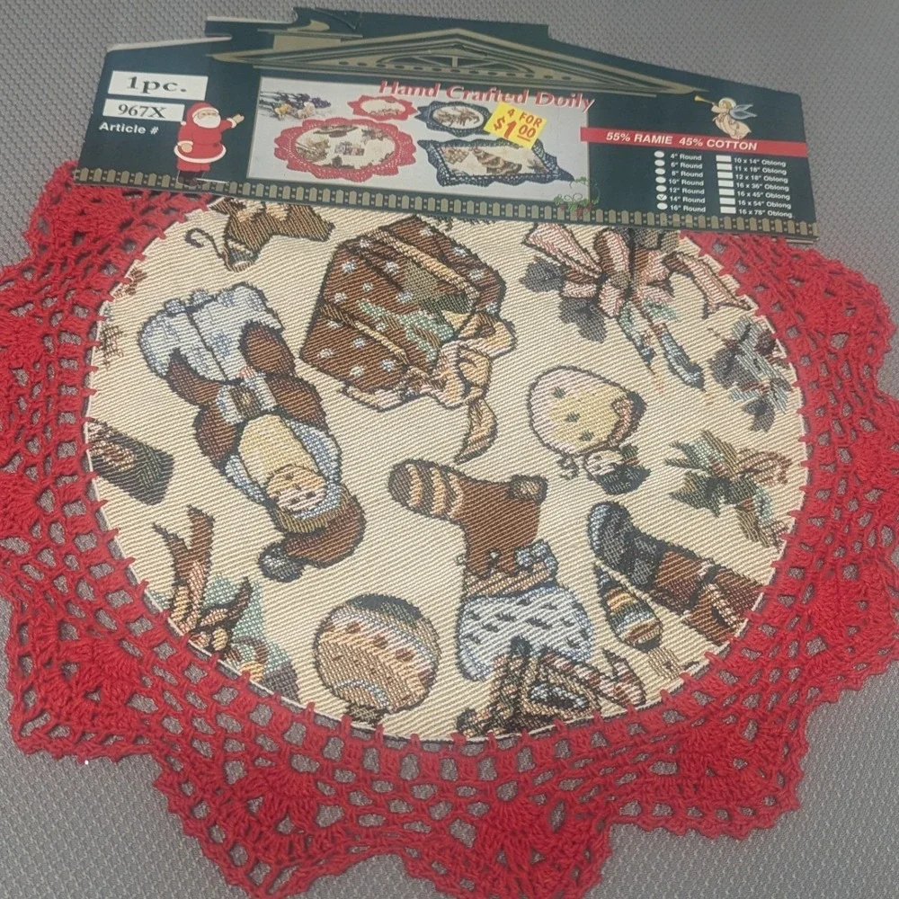 Set of 2 Vintage Christmas Tapestry Doilies Red Crochet Lace 14